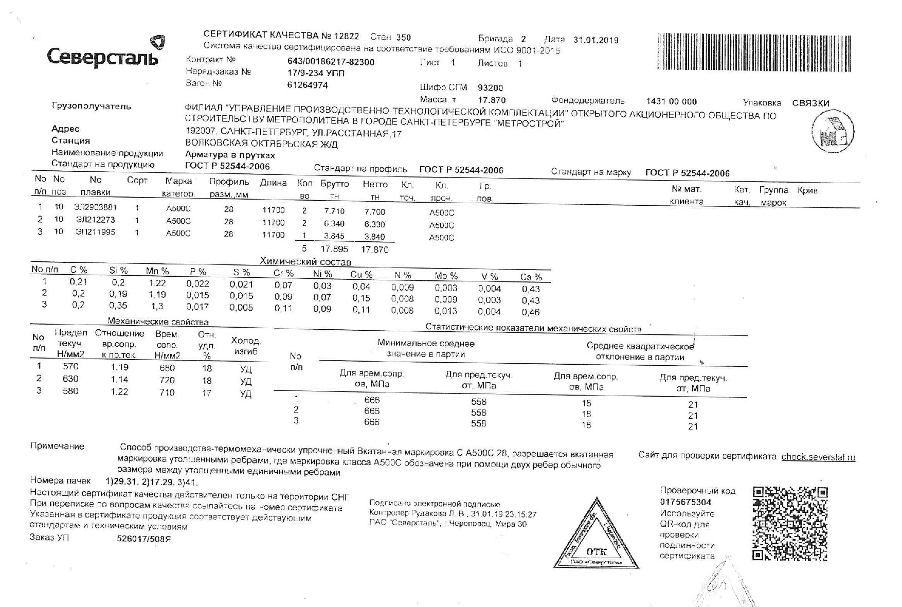 Сертификат на арматуру (класса А3) 28 (А500С) от 2019-01